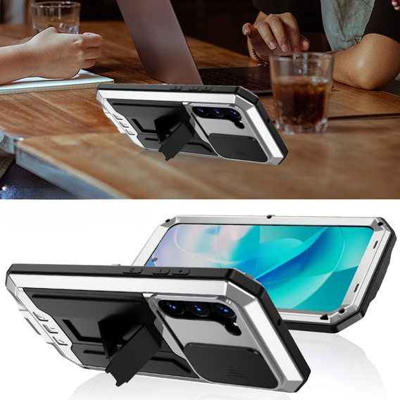 Armored case for Samsung Galaxy S23, R-JUST CamShield Slide, silver / black