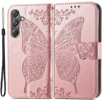 Flip case for Samsung Galaxy A15, Butterfly Flower, pink rose gold + 9H glass