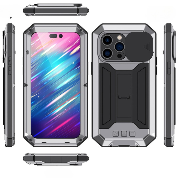 Case for iPhone 14 Pro, R-JUST CamShield Slide, armoured, silver / black