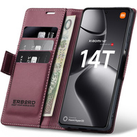 Case for Xiaomi 14T, ERBORD Glossy Litchi, wallet with flap, red