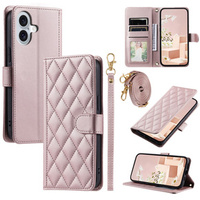 Flip case for iPhone 16, Rhombus Crossbody Leather, pink rose gold