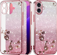 Case for iPhone 16, Glitter Flower, pink rose gold