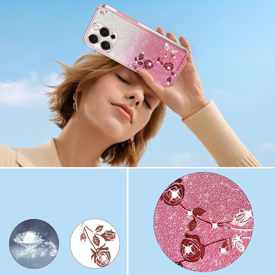 Case for iPhone 16 Pro, Glitter Flower, pink rose gold