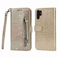 Flip case for Samsung Galaxy S24 Ultra, Wallet Zipper Pocket Glittery, gold