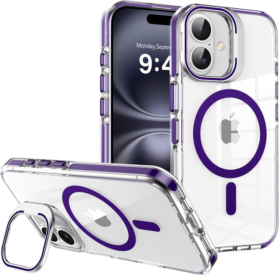 Case for iPhone 17, for MagSafe, with stand, transparent with purple inserts