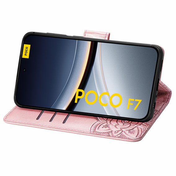 Flip case for Xiaomi Poco F7, Butterfly, pink rose gold