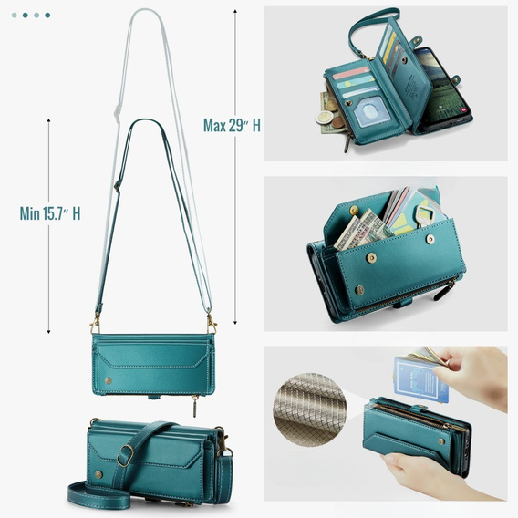 Case CASEME for Samsung Galaxy A56 5G, RFID Leather Wallet, with shoulder strap, green