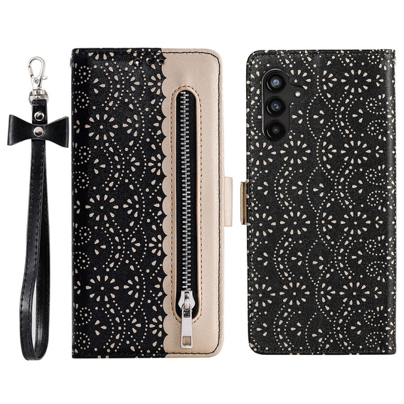 Flip case for Samsung Galaxy A25 5G, Wallet Pocket Zipper Lace, black