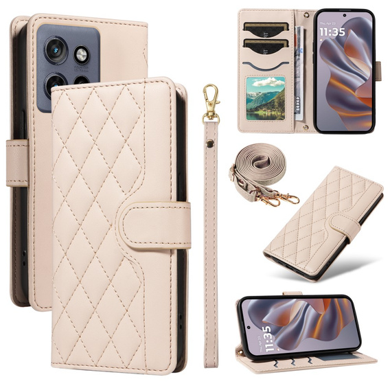 Flip case for Motorola Edge 50 Neo / Motorola ThinkPhone 25, Rhombus Crossbody Leather, beige