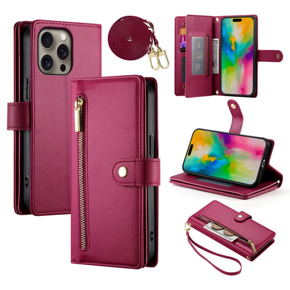 Flip case for iPhone 16 Pro, Wallet Zipper Pocket, red