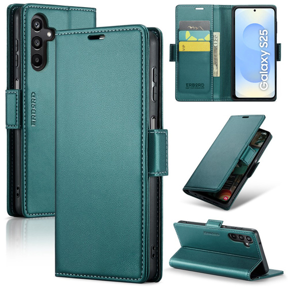 Case for Samsung Galaxy S25, ERBORD Glossy Litchi, wallet with flap, green