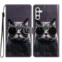Flip case for Samsung Galaxy A25 5G, Wallet, Cat, black+ 9H glass