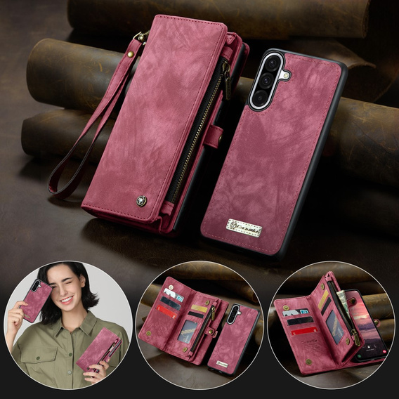 CASEME case for Samsung Galaxy A56 5G, Retro Leather Wallet, with strap, red