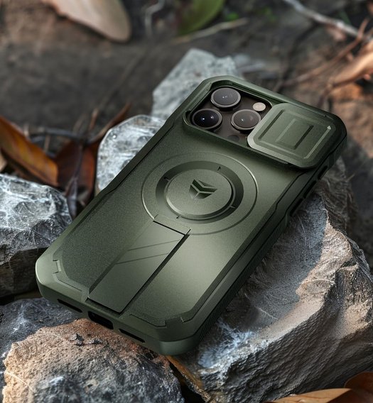 Armored case for iPhone 15 Pro Max, Dexnor CamProtect MagSafe, green (Two frames)