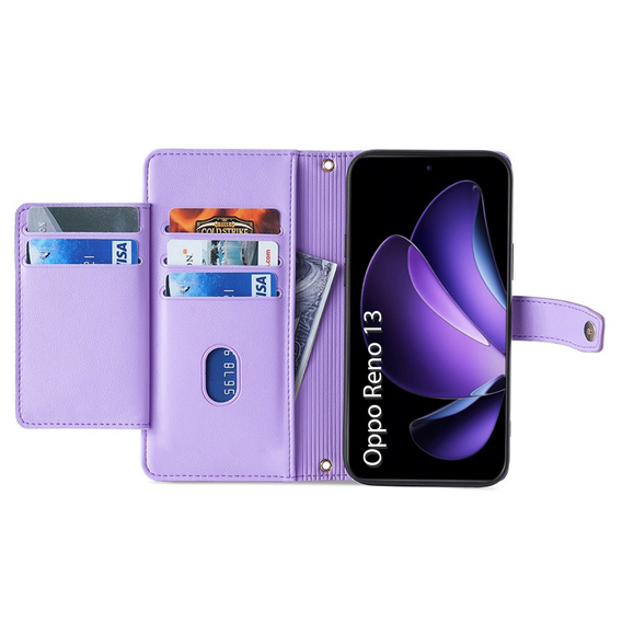 Flip case for Oppo Reno 13, Wallet Zipper Pocket, purple