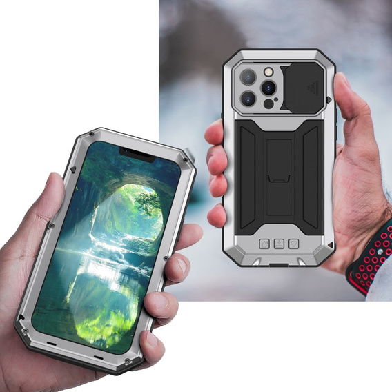 Case for iPhone 13 Pro, R-JUST CamShield Slide, armoured, silver / black