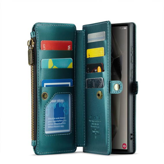 Case CASEME for Samsung Galaxy S25 Ultra, RFID Leather Wallet, with shoulder strap, green