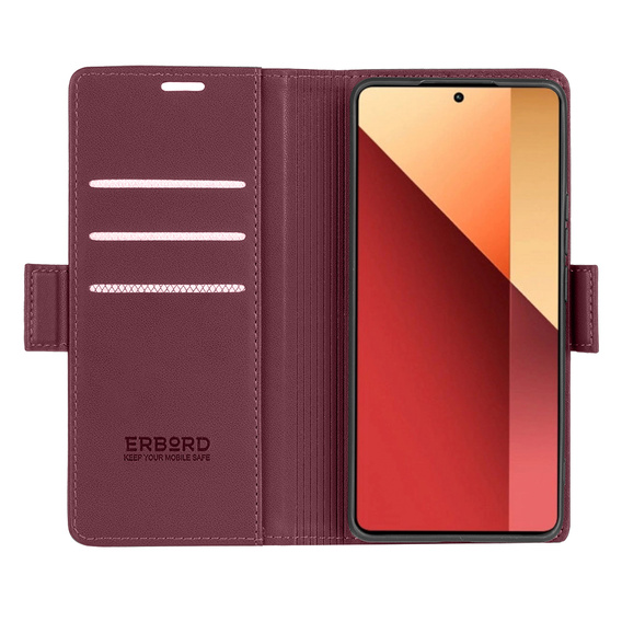 Case for Xiaomi Redmi Note 13 Pro 4G / Xiaomi Redmi Note 14S / Xiaomi Poco M6 Pro 4G, ERBORD Glossy Litchi, wallet with flap, red