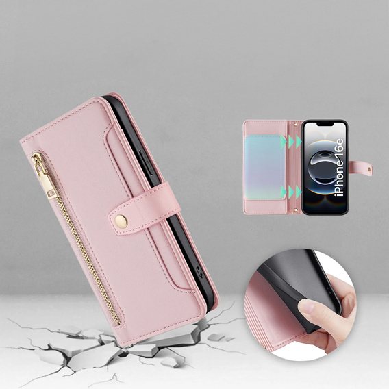 Flip case for iPhone 16E, Wallet Zipper Pocket, pink