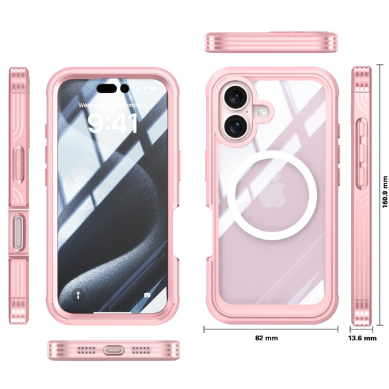 Case for iPhone 16 Plus, Shockproof, with glass, for MagSafe, pink