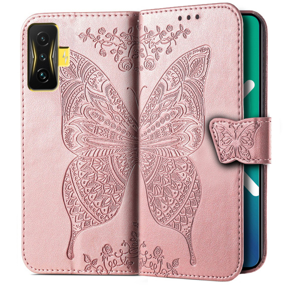 Flip case for Xiaomi Poco F4 GT, Butterfly, pink rose gold