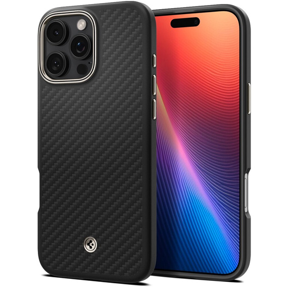 Spigen Case for iPhone 16 Pro Max, Enzo Aramid MagSafe, carbon black + 9H Tempered Glass