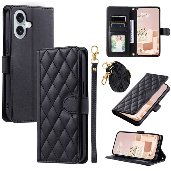 Flip case for iPhone 16 Plus, Rhombus Crossbody Leather, black