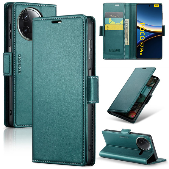 Case for Xiaomi Poco F7 Pro, ERBORD Glossy Litchi, wallet with flap, green