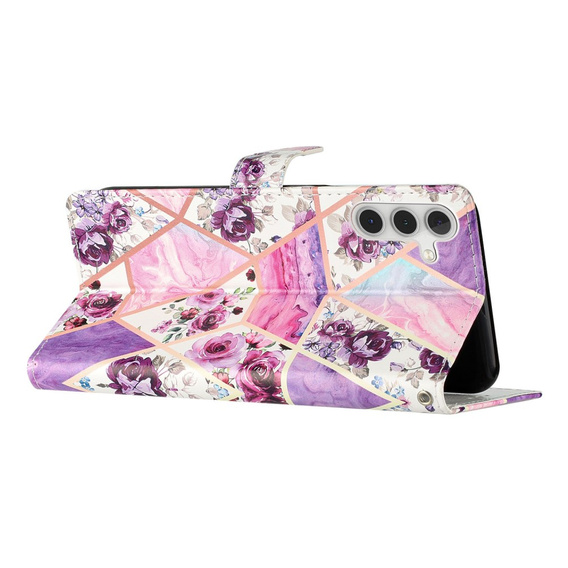 Flip case for Samsung Galaxy A25 5G, Wallet, marble & flowers, pink + 9H glass