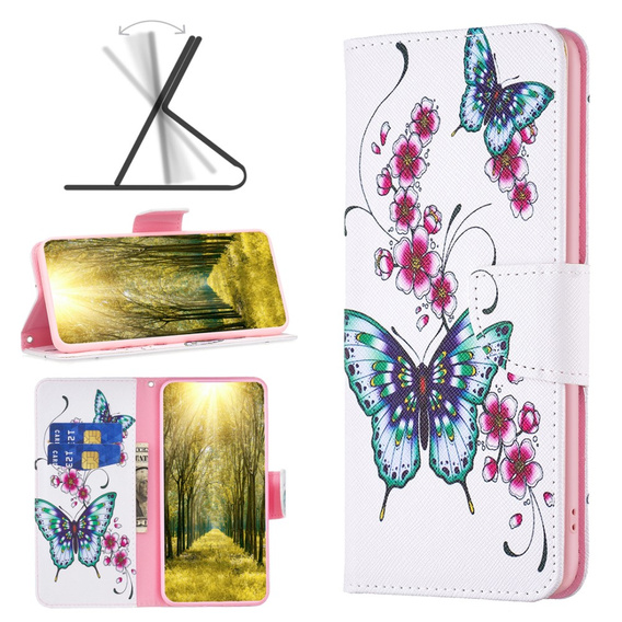 Flip case for Xiaomi Redmi Note 13 5G, Wallet, Butterflies & Flowers white