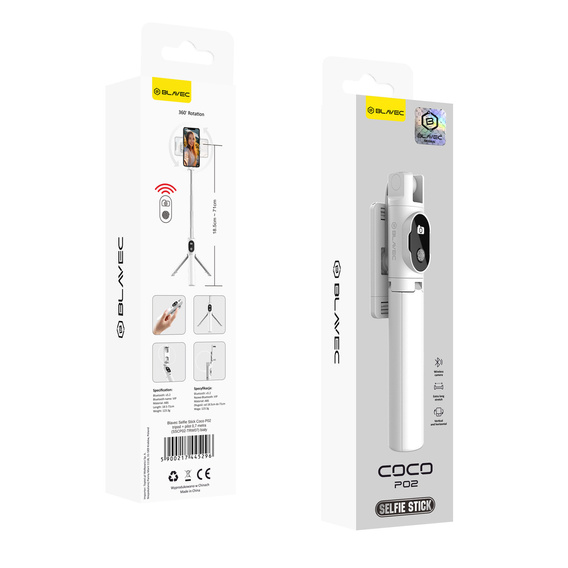 Selfie stick with tripod function and Bluetooth remote control, for smartphones between 6.5 cm and 9.5 cm wide
