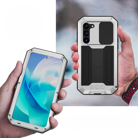 Armored case for Samsung Galaxy S23, R-JUST CamShield Slide, silver / black