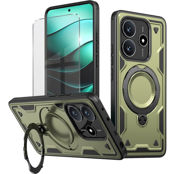 Case for Xiaomi Redmi Note 14 5G, Military MagSafe, green + 9H glass