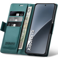 Case for Xiaomi 15, ERBORD Glossy Litchi, wallet with flap, green