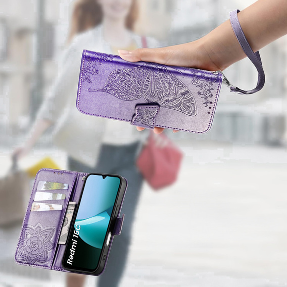 Flip case for Xiaomi Redmi 15C 4G/LTE, Butterfly, purple