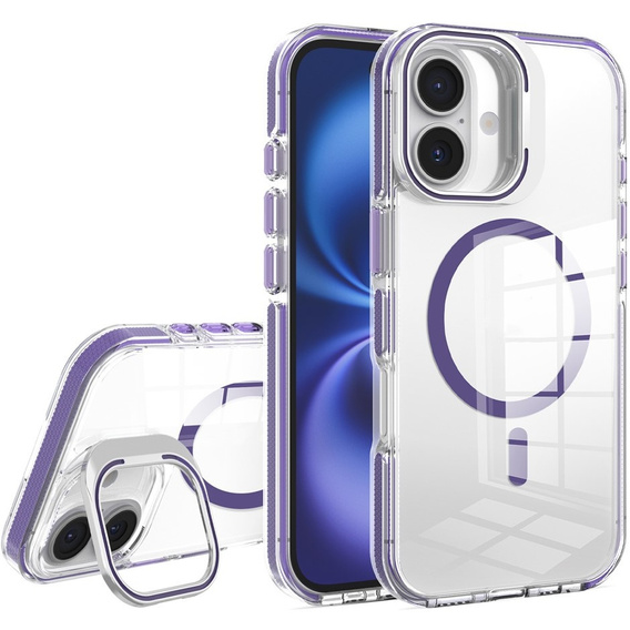 Case for iPhone 17, for MagSafe, with stand, transparent with purple inserts