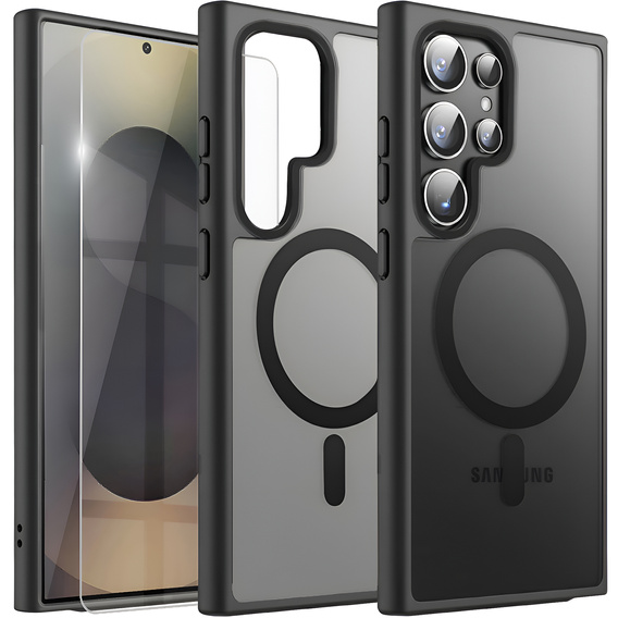 Case for Samsung Galaxy S25 Ultra, for MagSafe, ERBORD Matt Case, black + Screen Glass