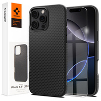Spigen case for iPhone 16 Pro Max, Liquid Air, black + 9H Tempered Glass