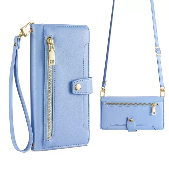 Flip case for iPhone 16E, Wallet Zipper Pocket, blue