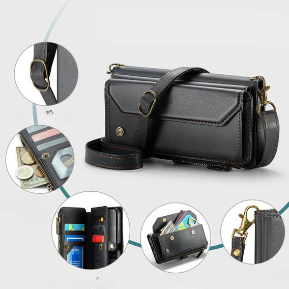 Case CASEME for iPhone16e, RFID Leather Wallet, with shoulder strap, black