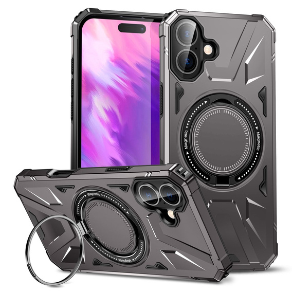 Case for iPhone 16, armored with stand and handle plate, grey