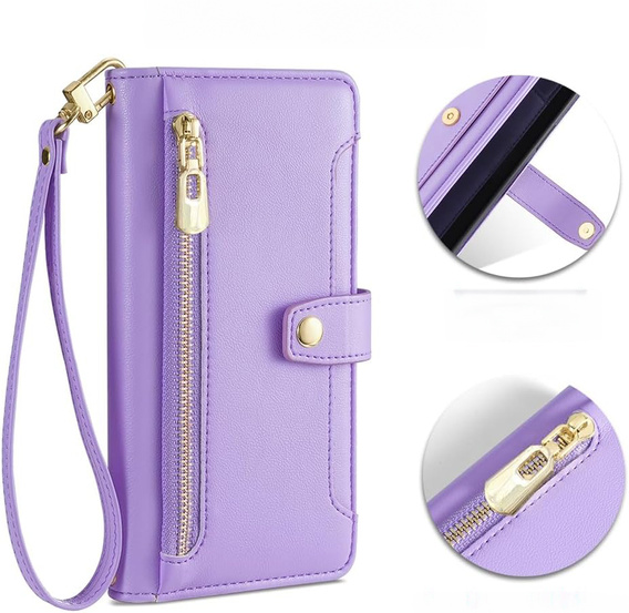 Flip case for iPhone 16E, Wallet Zipper Pocket, purple