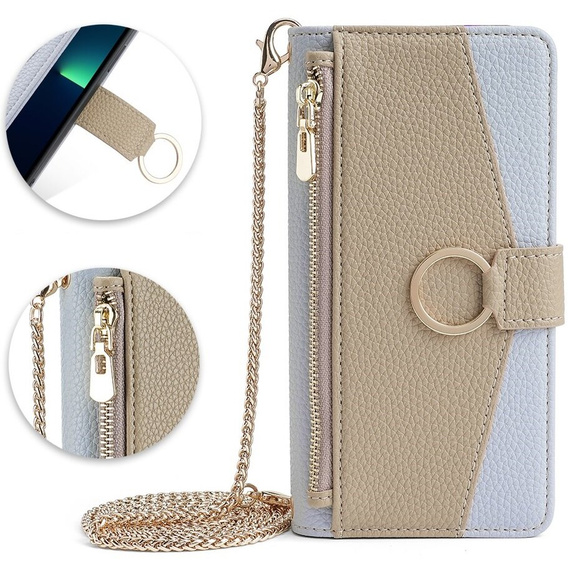 Flip case for iPhone 15 Pro, Wallet Zipper Pocket, with mirror, blue