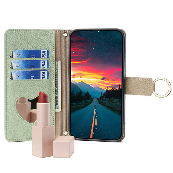 Flip case for Motorola Edge 40 Neo 5G, Wallet Zipper Pocket, with mirror, green