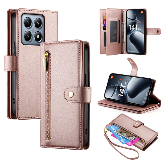 Flip case for Xiaomi 14T Pro, Wallet Zipper Pocket, pink
