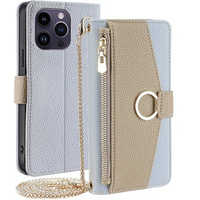 Flip case for iPhone 15 Pro Max, Wallet Zipper Pocket, with mirror, blue