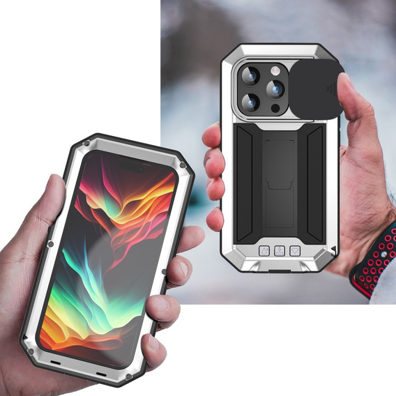 Case for iPhone 15 Pro, R-JUST CamShield Slide, armoured, silver / black