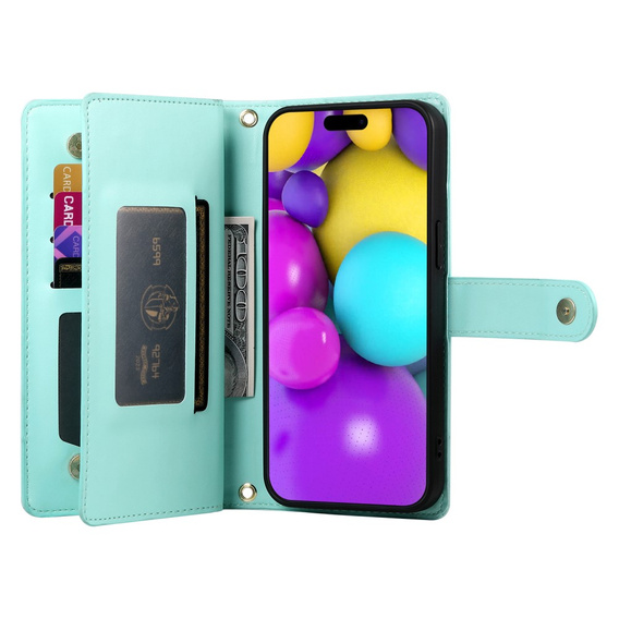 Flip case for iPhone 16 Plus, Wallet Zipper Pocket, green