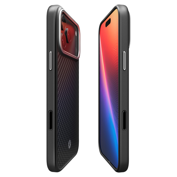 Spigen Enzo Aramid MagSafe case for iPhone 17 Pro, carbon black / silver