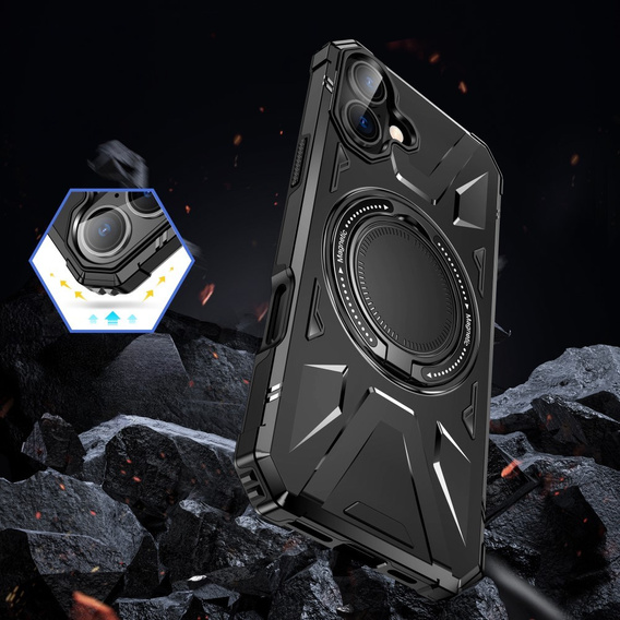 Case for iPhone 16, armored with stand and handle plate, black